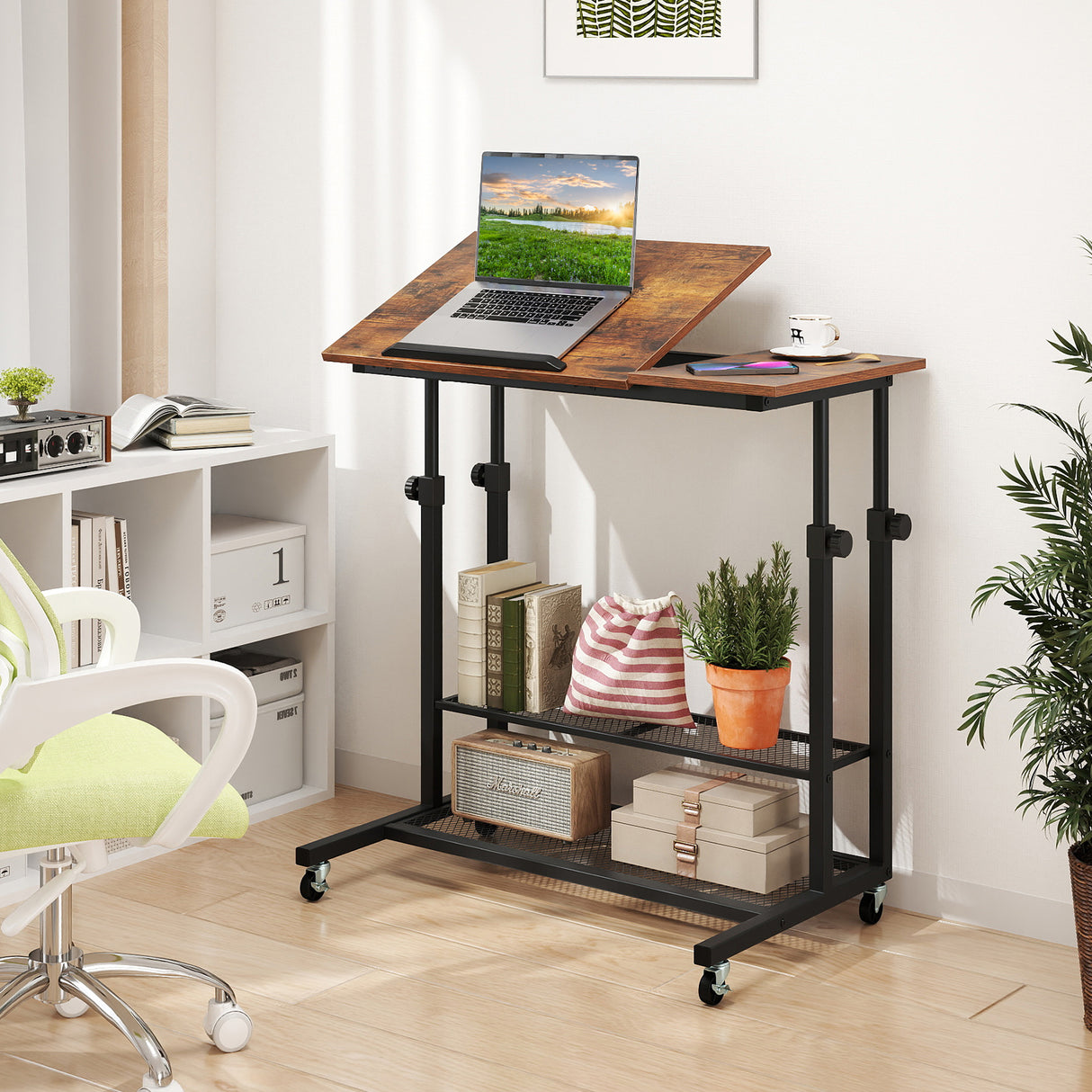 Mobile Stand up Desk Height Adjustable Standing Table with Tilting Tabletop-Rustic Brown