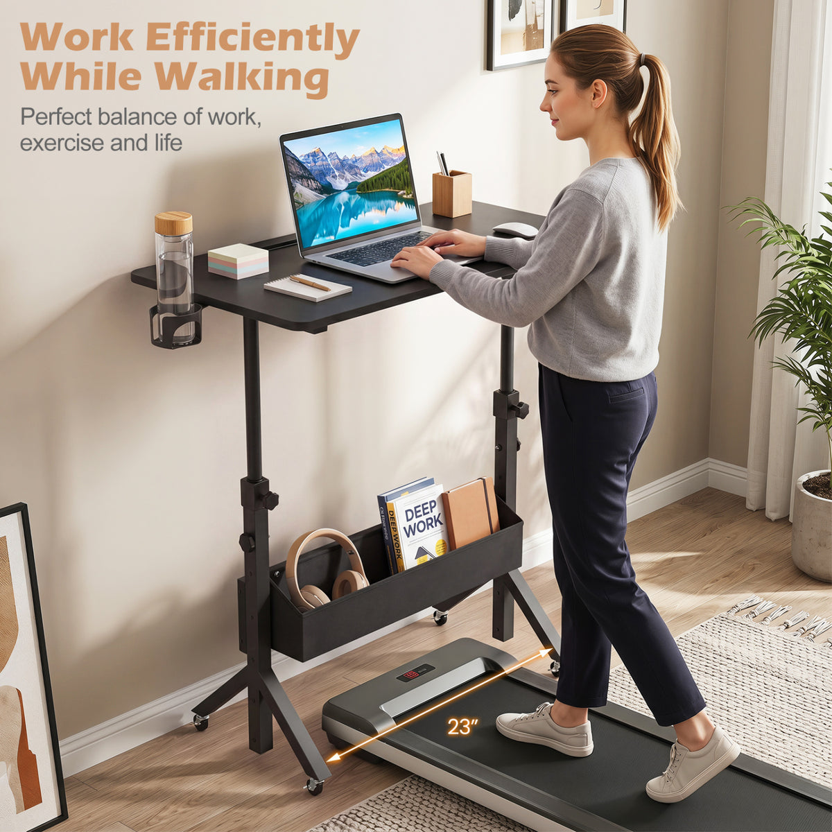 Mobile Standing Desk Height Adjustable Rolling Laptop Desk with Cup Holder Storage Basket-Black