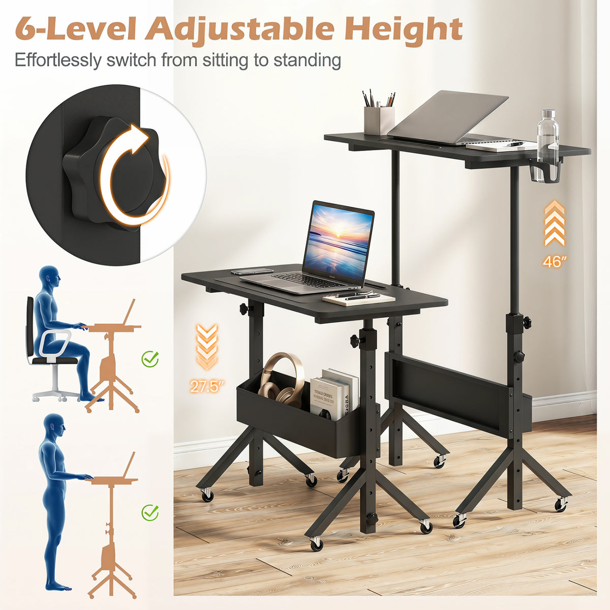 Mobile Standing Desk Height Adjustable Rolling Laptop Desk with Cup Holder Storage Basket-Black