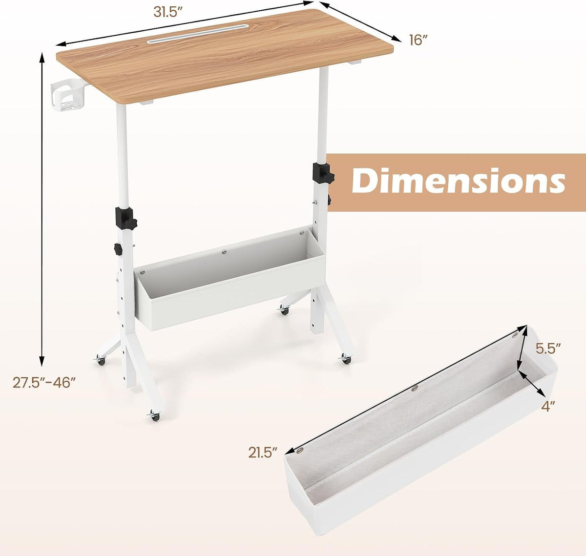 Mobile Standing Desk Height Adjustable Rolling Laptop Desk with Cup Holder Storage Basket-Natural