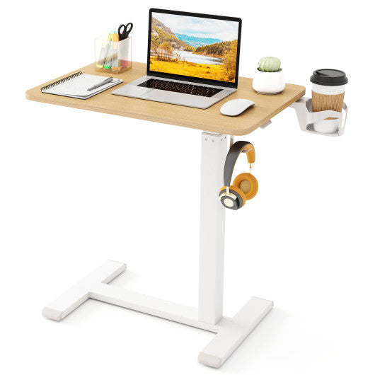 Mobile Standing Desk Height Adjustable Overbed Bedside Table with Cup Holder-Natural