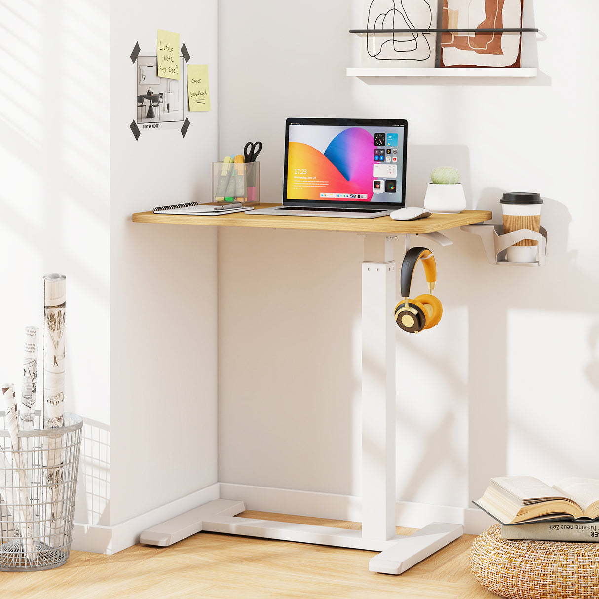 Mobile Standing Desk Height Adjustable Overbed Bedside Table with Cup Holder-Natural
