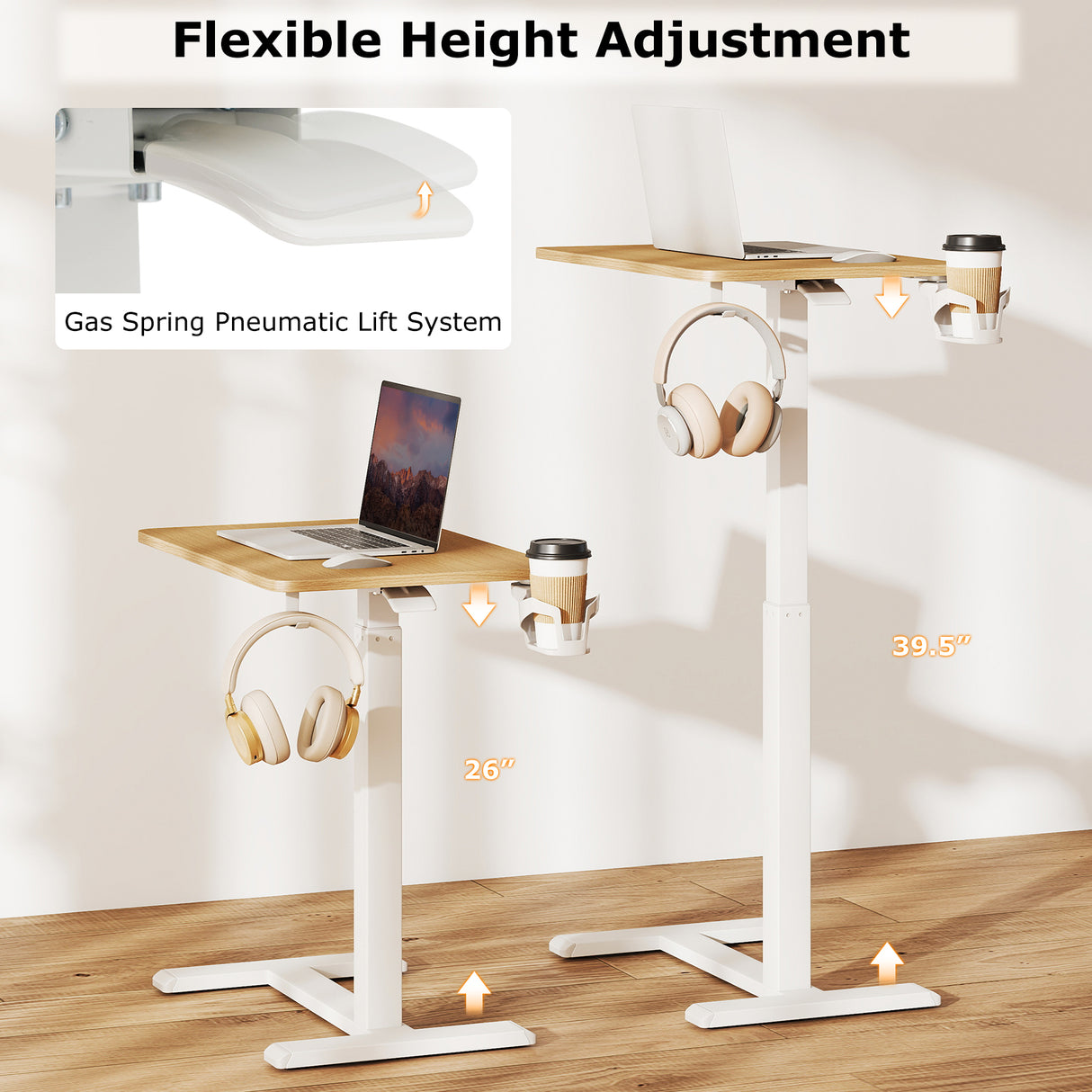 Mobile Standing Desk Height Adjustable Overbed Bedside Table with Cup Holder-Natural