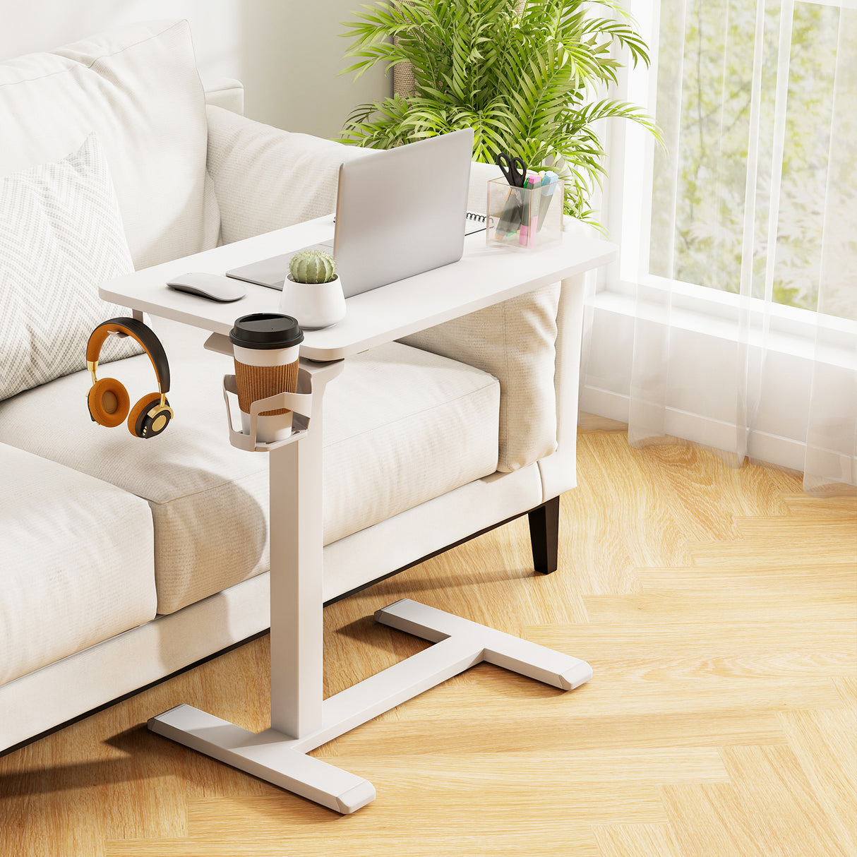 Mobile Standing Desk Height Adjustable Overbed Bedside Table with Cup Holder-White