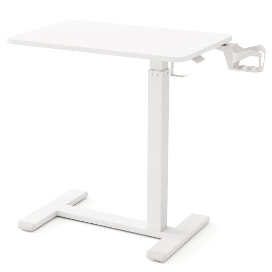 Mobile Standing Desk Height Adjustable Overbed Bedside Table with Cup Holder-White