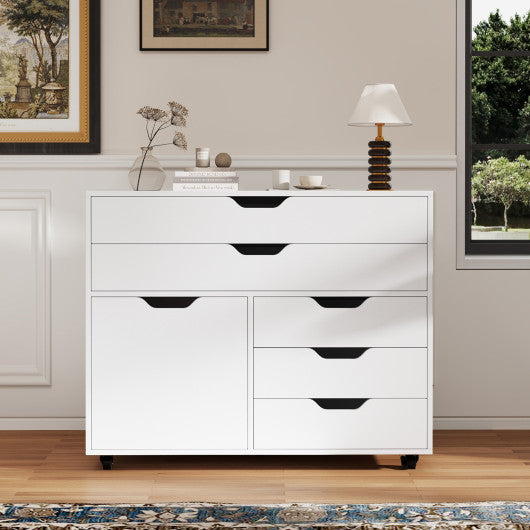 Modern Vertical 5-Drawer Mobile Chest with Door 5 Casters-White