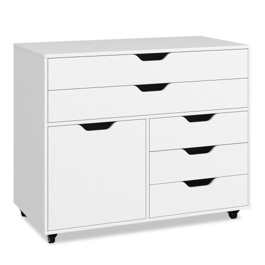 Modern Vertical 5-Drawer Mobile Chest with Door 5 Casters-White