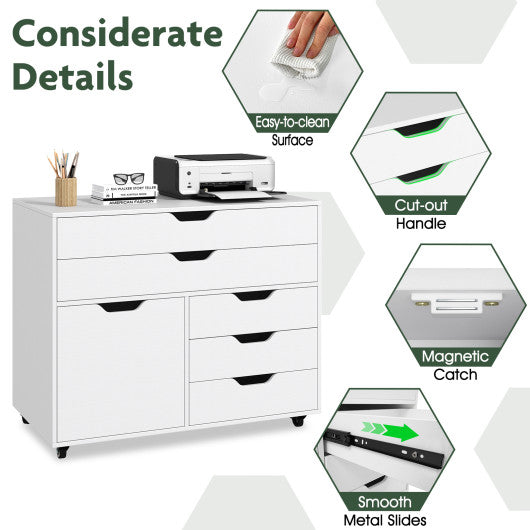 Modern Vertical 5-Drawer Mobile Chest with Door 5 Casters-White