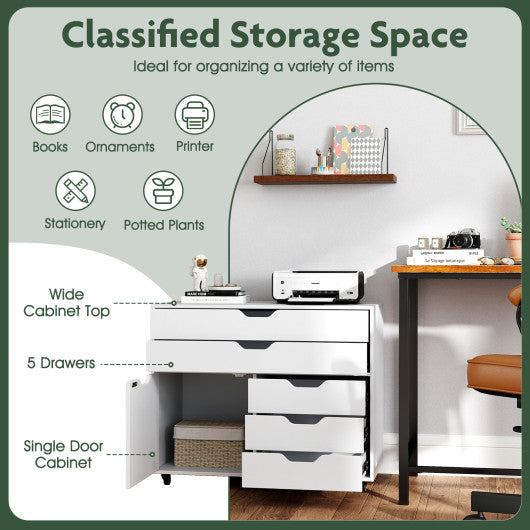 Modern Vertical 5-Drawer Mobile Chest with Door 5 Casters-White