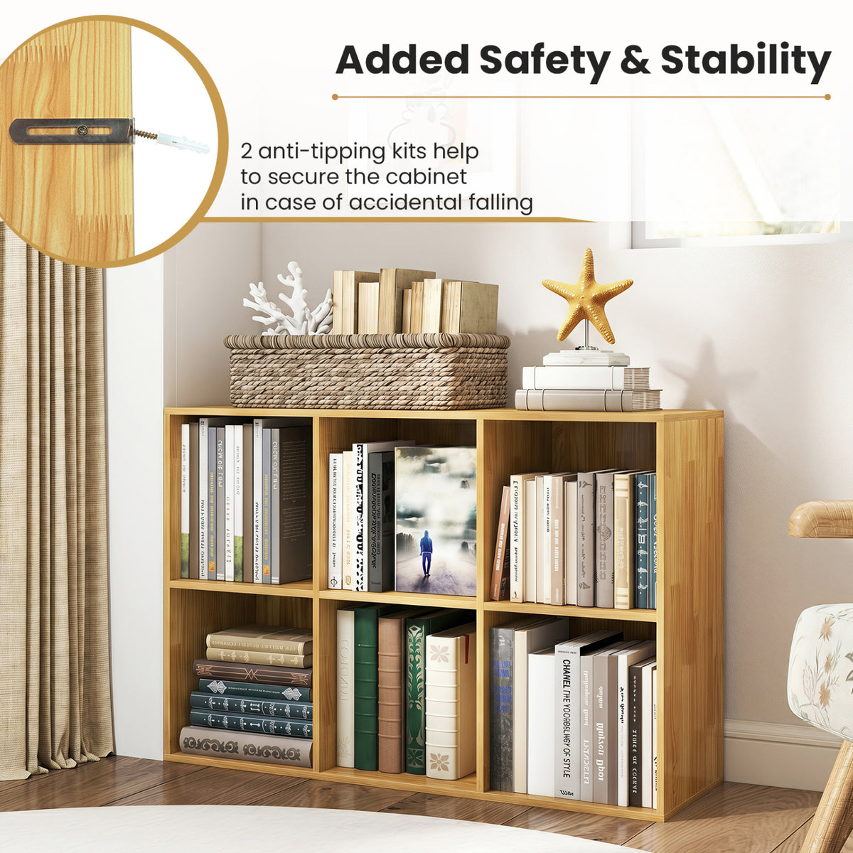 Modern 6-Cube Bookcase with Anti-tipping Kits for Bedroom Living Room-Burlywood
