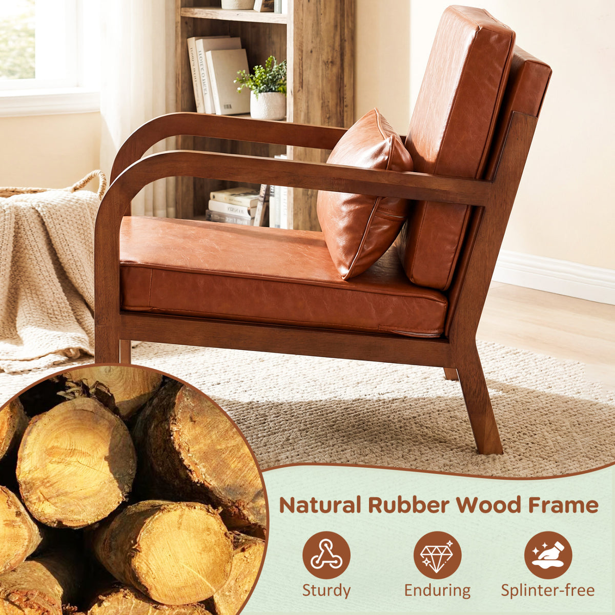 Modern Accent Chair Faux Leather Linen Fabric Upholstered Armchair-Brown