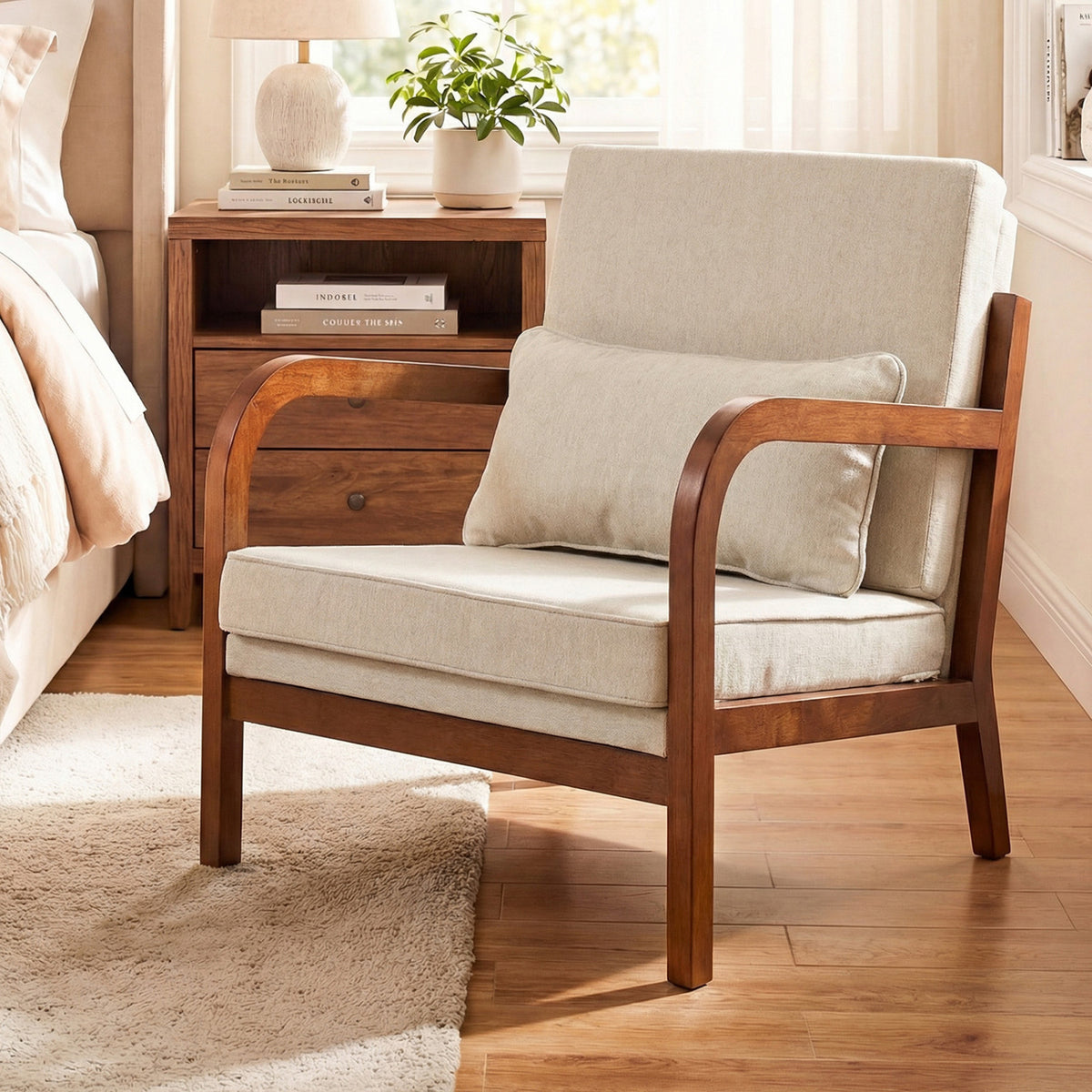 Modern Accent Chair Faux Leather Linen Fabric Upholstered Armchair-White