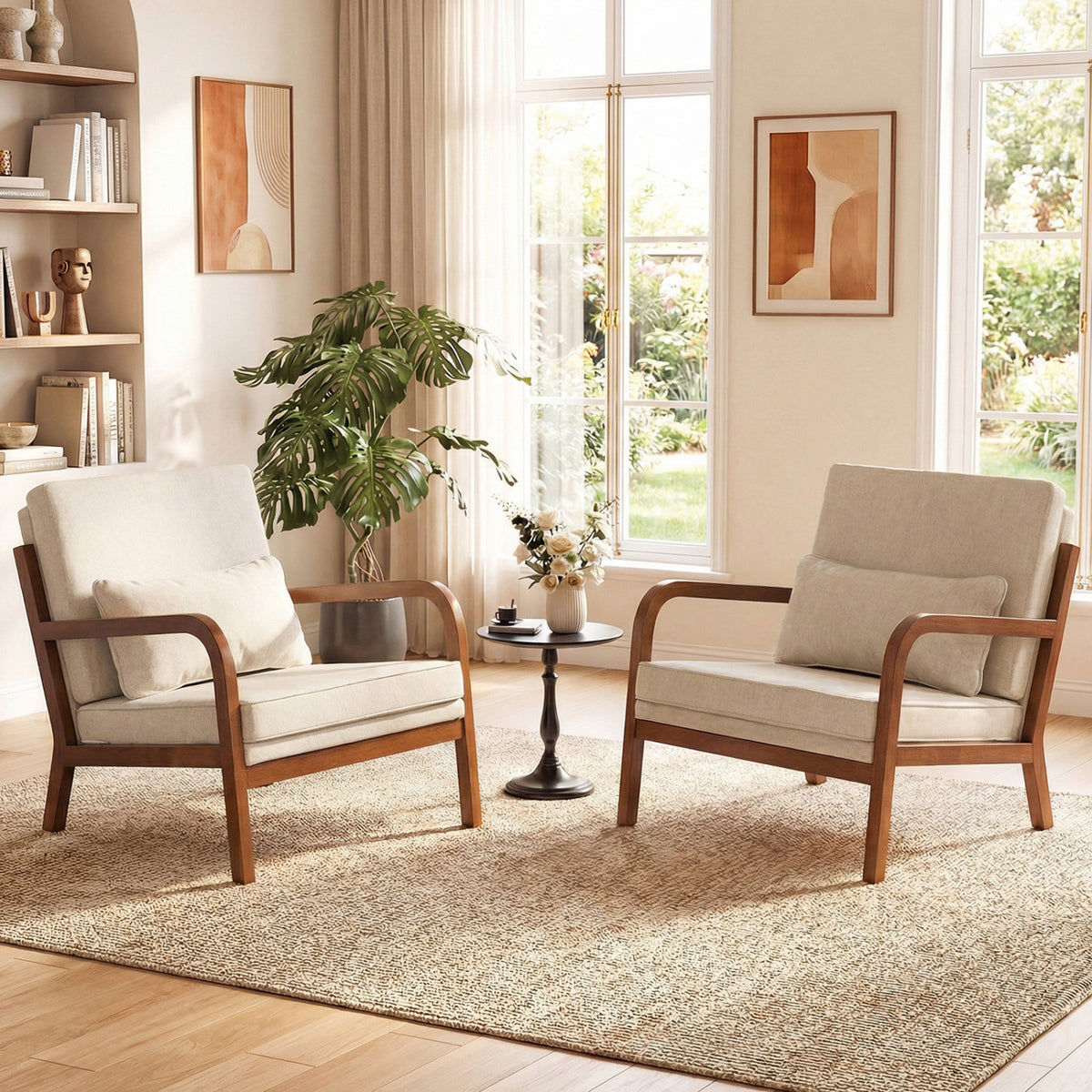 Modern Accent Chair Faux Leather Linen Fabric Upholstered Armchair-White