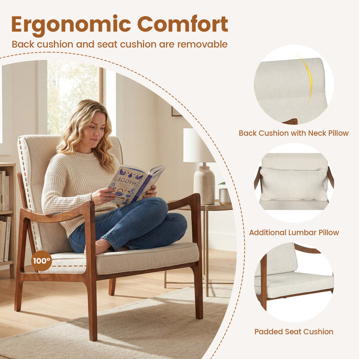 Modern Accent Chair with Solid Rubber Wood Faux Leather Upholstered Armchair-White