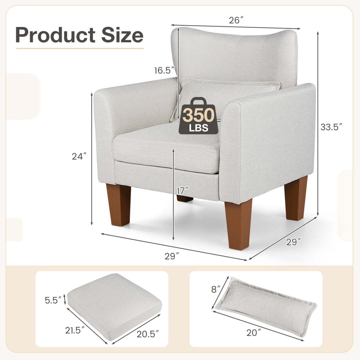 Modern Accent Chair with Removable Cushion & Pillow for Living Room-Beige
