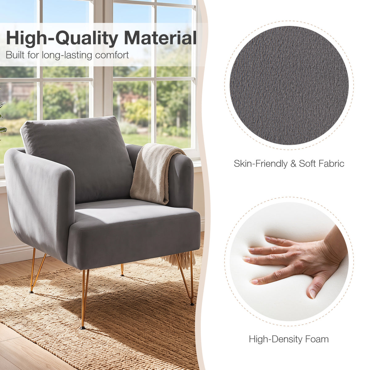 Modern Accent Chair w/Back Cushion & Golden Metal Legs for Living Room Bedroom-Gray