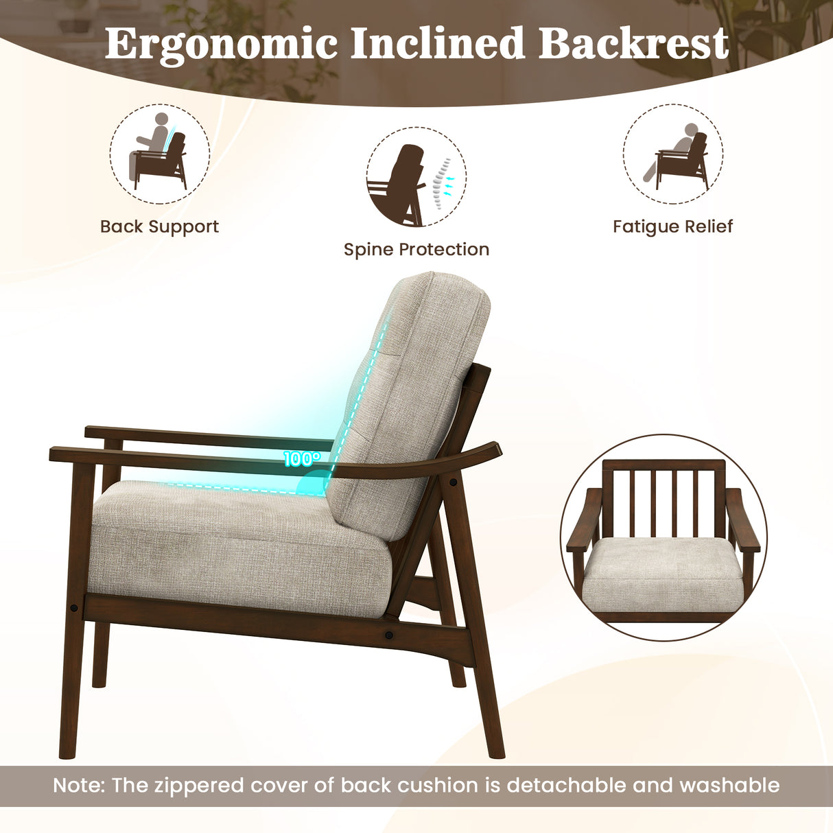 Modern Accent Chair with Rubber Wood Armrests and Legs for Living Room-Brown