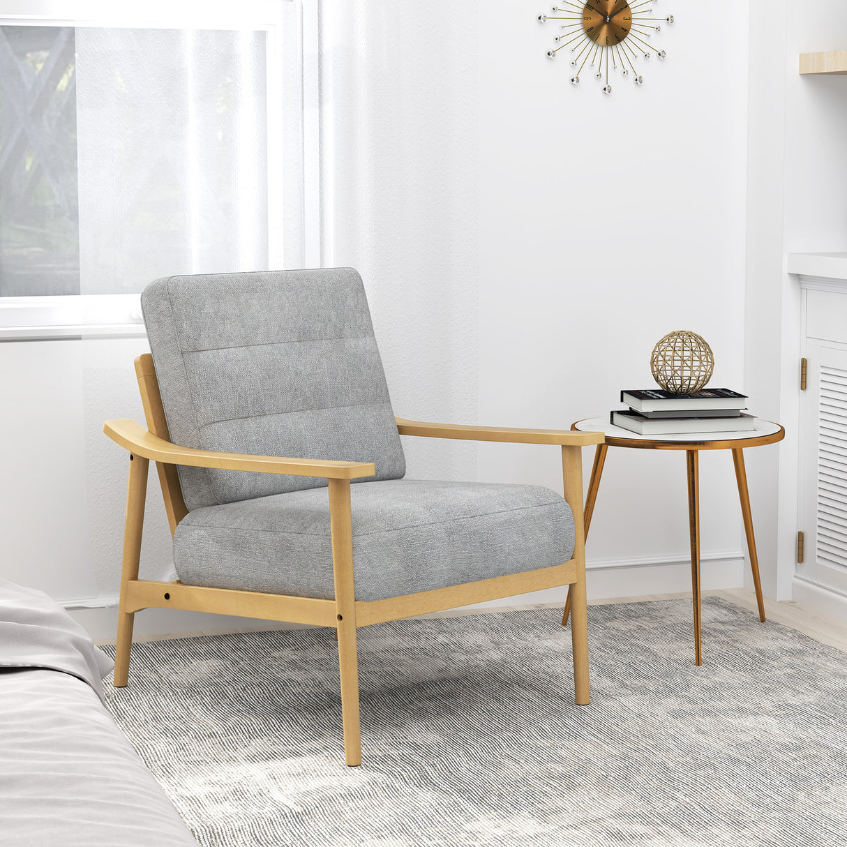 Modern Accent Chair with Rubber Wood Armrests and Legs for Living Room-Natural