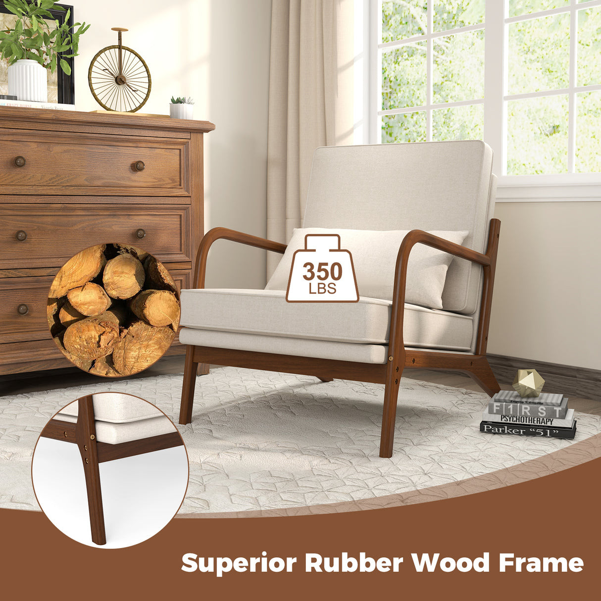 Modern Accent Chair with Rubber Wood Armrests and Removable Back-Beige