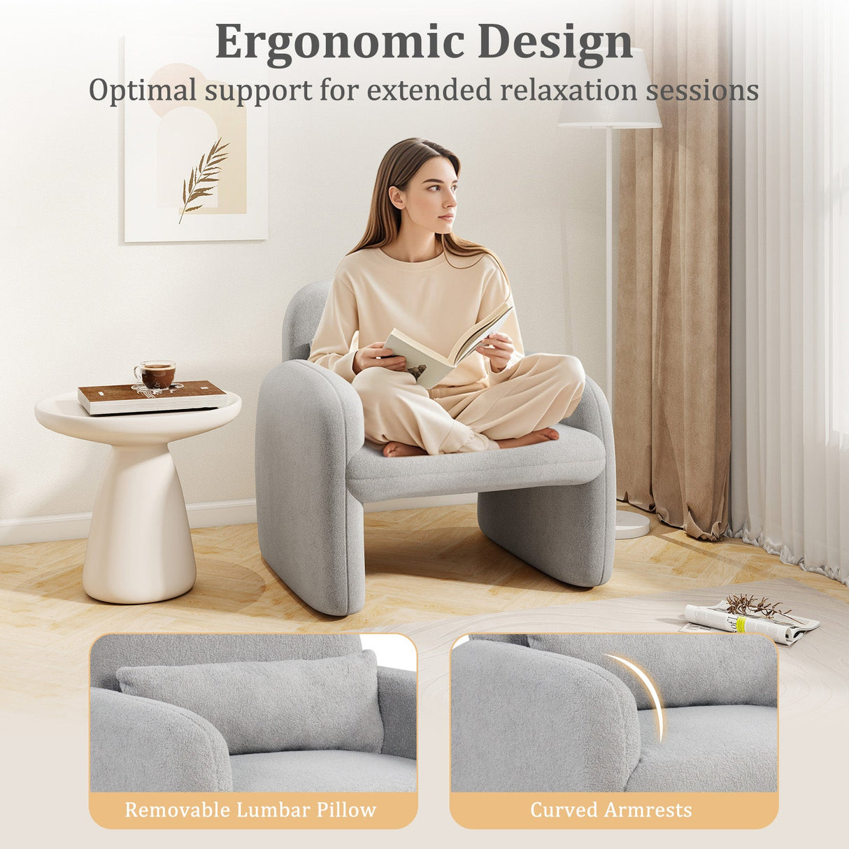 Modern Accent Chair with Waist Pillow and Armrests for Living Room Bedroom-Gray