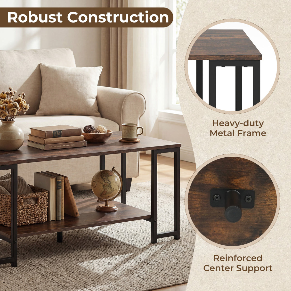 Modern Accent Table with Open Storage Shelf for Apartment and Lounge-Rustic Brown
