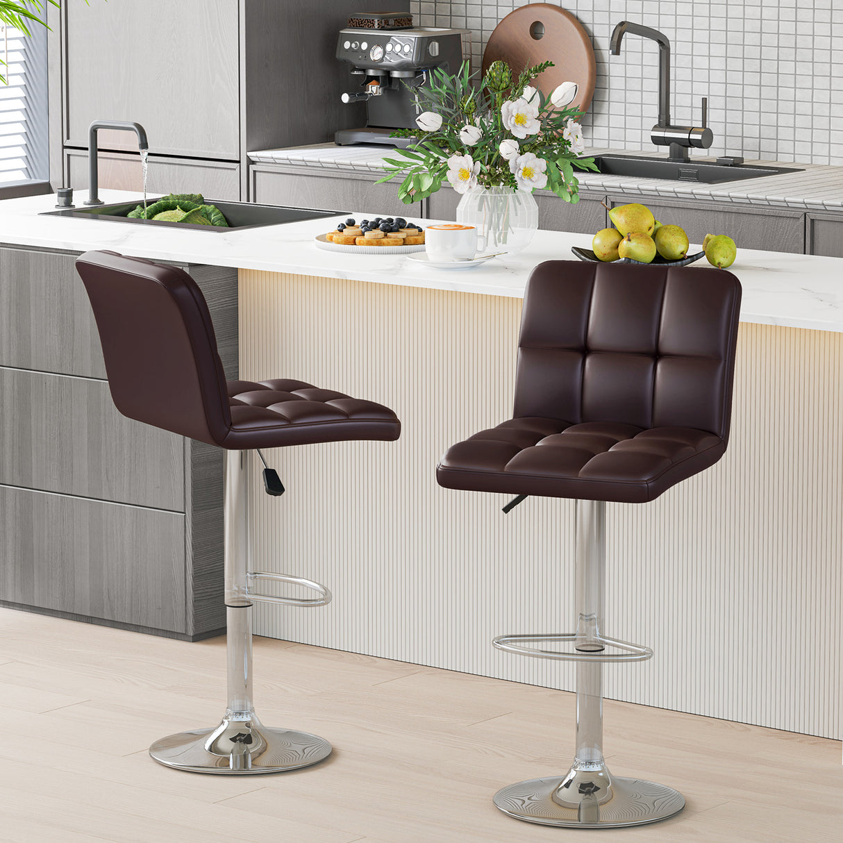 Modern Bat Stools Set of 2 with Back and Heavy-duty Metal Base and Footrest-Brown