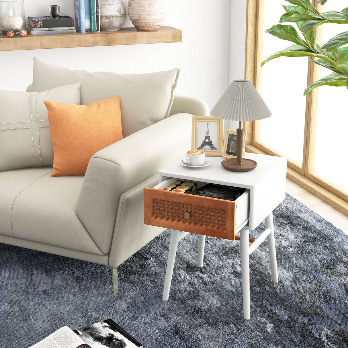 1-Drawer Modern Bedside Table with Solid Wood Legs-White by DirectDeals