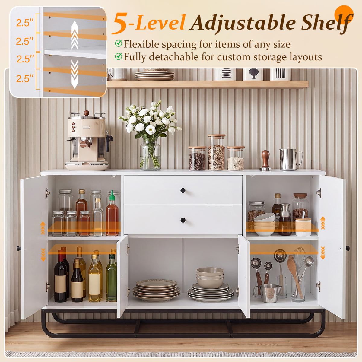 Modern Buffet Sideboard Cabinet w/ 2 Drawers & Adjustable Shelves for Dining Room-White