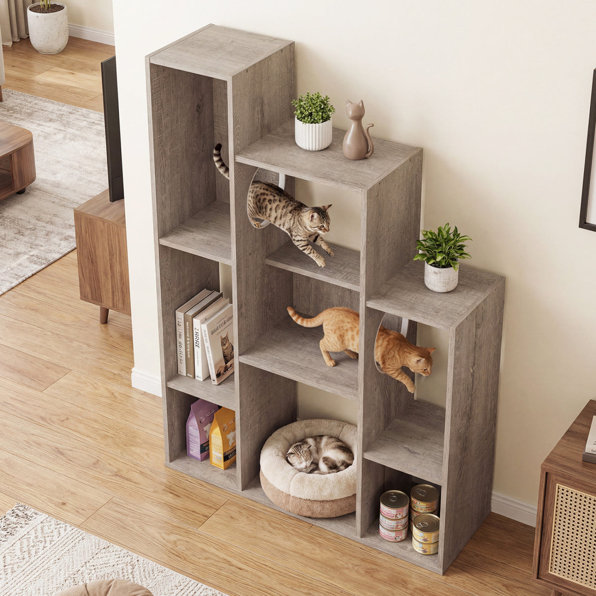 Modern Cat Bookshelf Cat Tree 8-Section Storage Cabinet with 2 Round Holes-Gray Oak