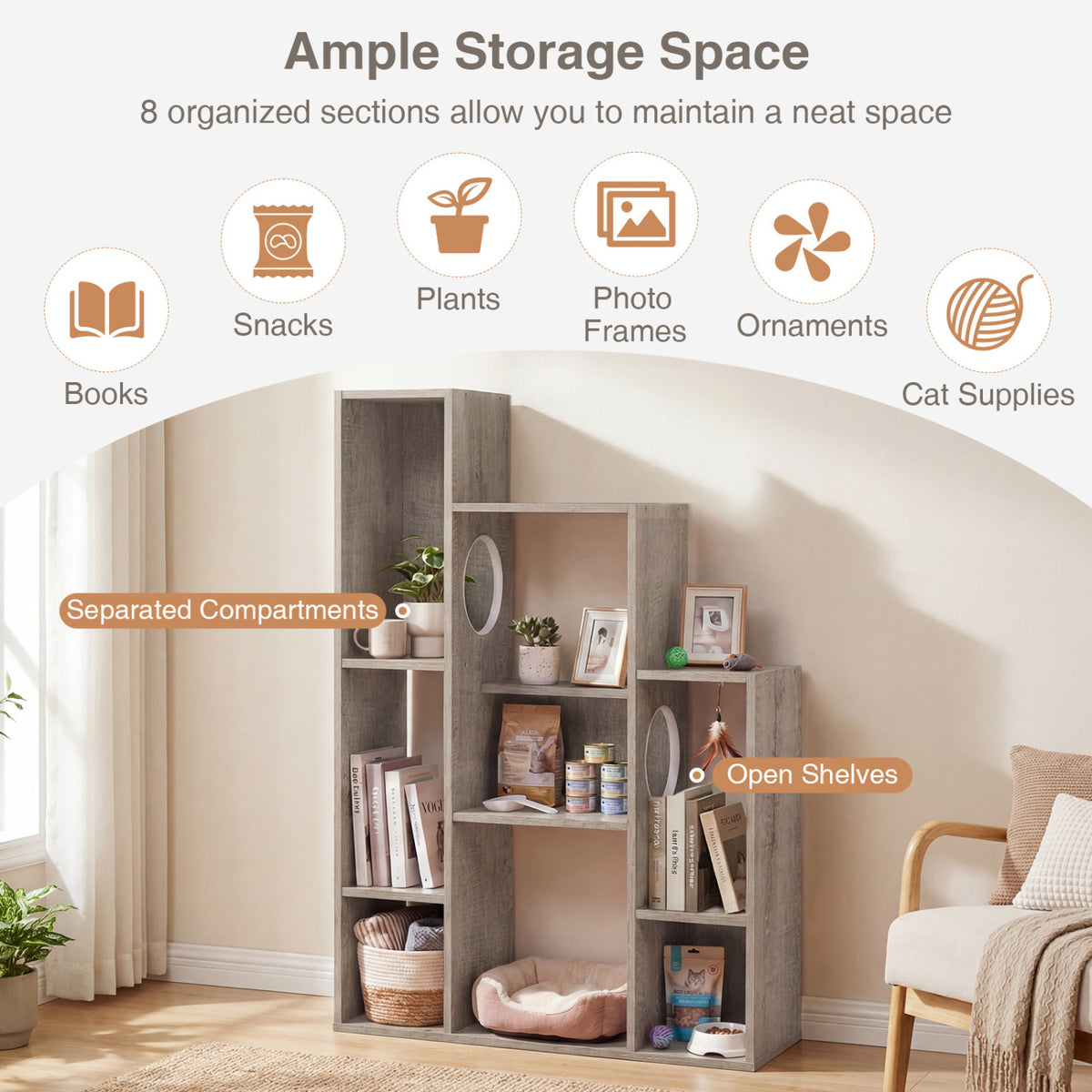 Modern Cat Bookshelf Cat Tree 8-Section Storage Cabinet with 2 Round Holes-Gray Oak