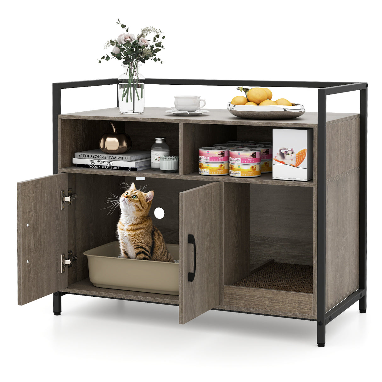 Hidden Cat Washroom with Double Doors and Scratch Cardboard-Oak