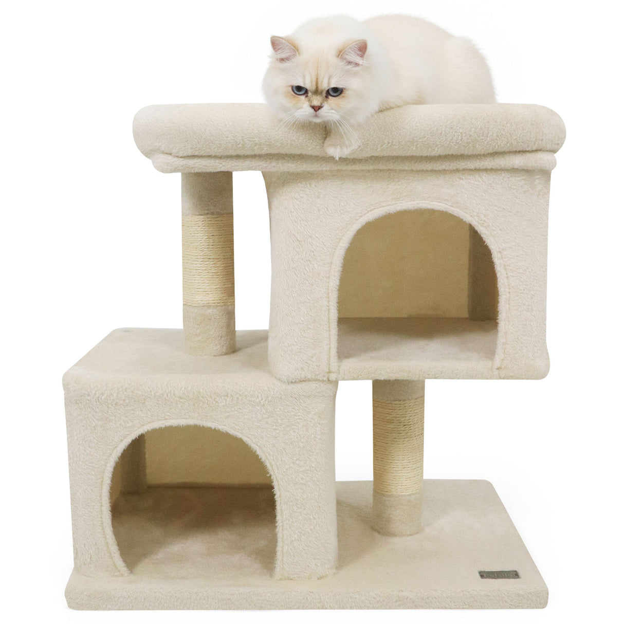 Modern Cat Tree Space-saving Cat Tower with Upholstered Perch and 2 Cat Condos-Beige
