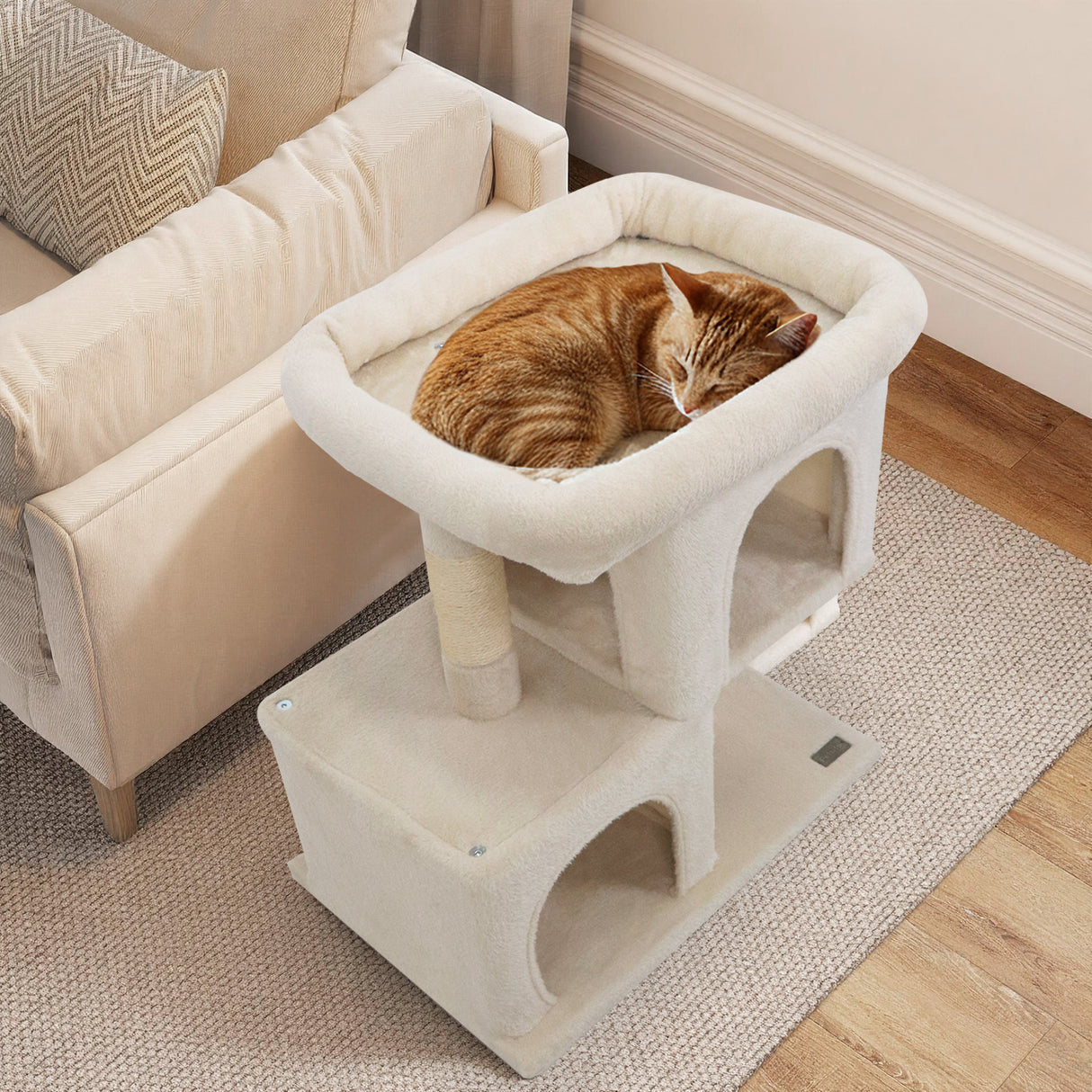 Modern Cat Tree Space-saving Cat Tower with Upholstered Perch and 2 Cat Condos-Beige