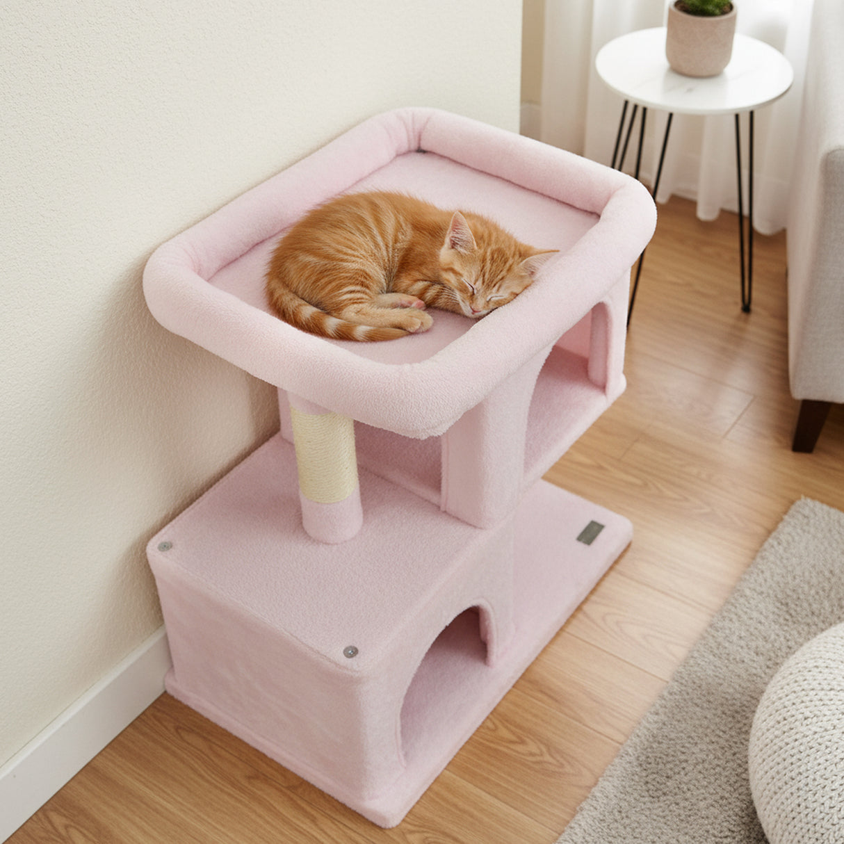 Modern Cat Tree Space-saving Cat Tower with Upholstered Perch and 2 Cat Condos-Pink