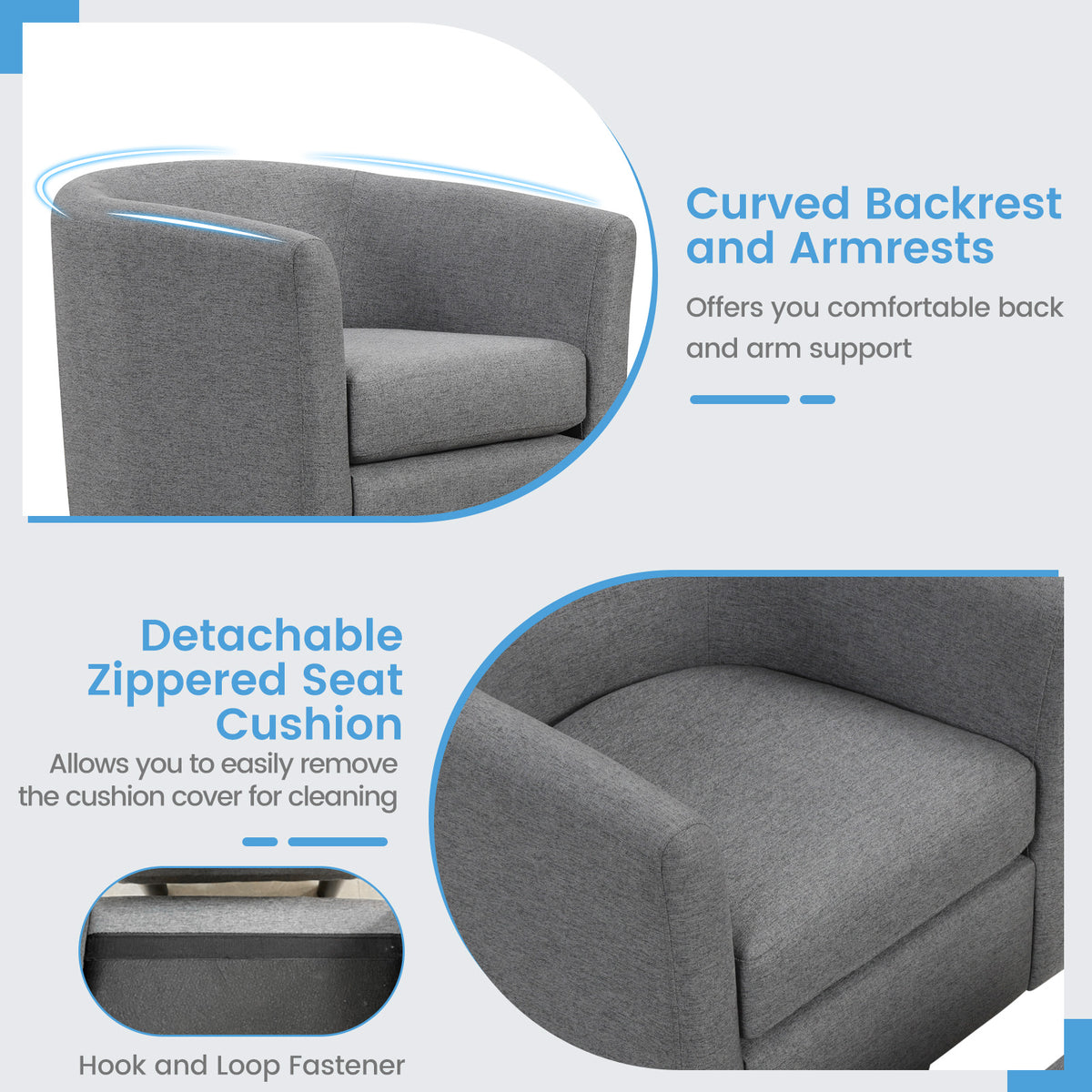Modern Club Swivel Accent Chair with Ottoman Footrest Curved Backrest-Grey