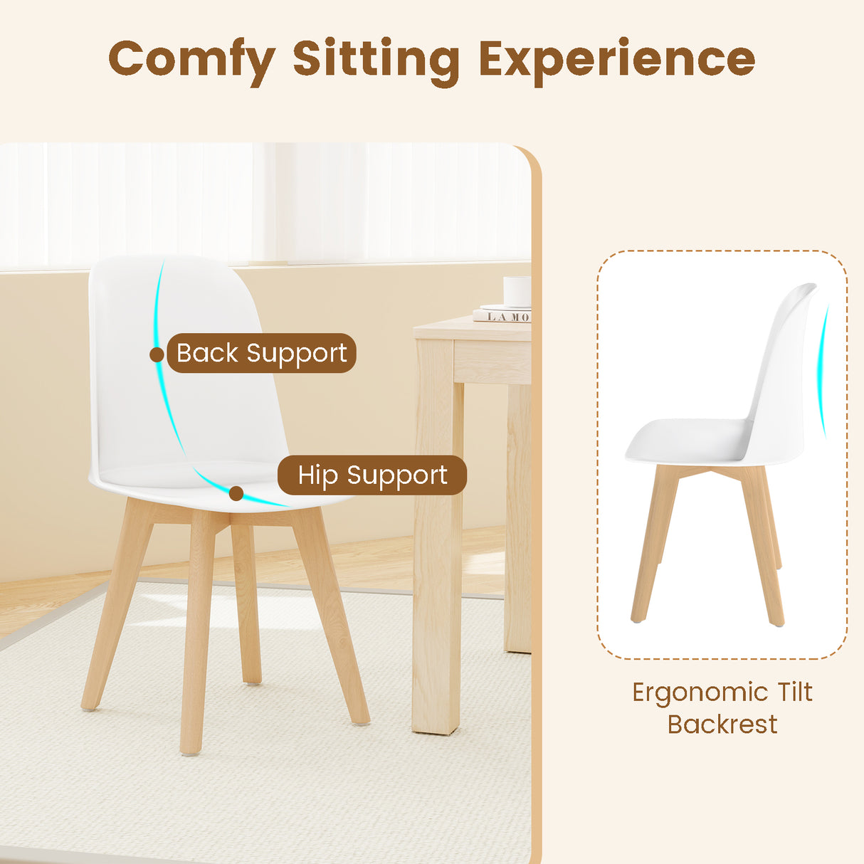 Modern Dining Chair Set of 2 with Solid Beech Wood Legs and Tilt Backrest-White