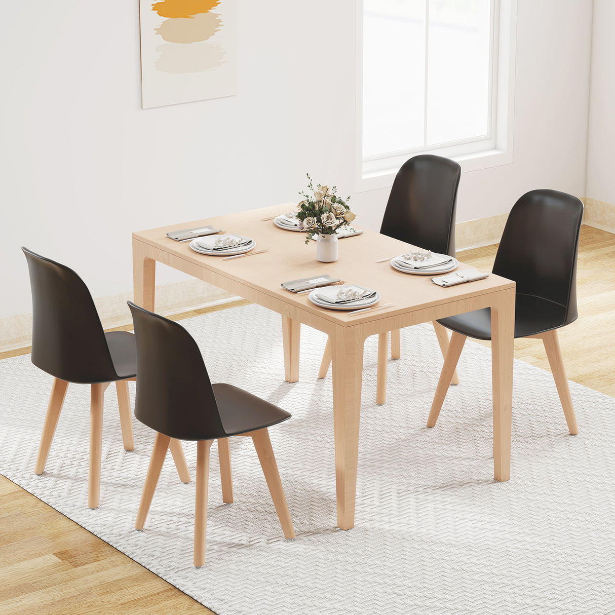Modern Dining Chair Set of 2 with Solid Beech Wood Legs and Tilt Backrest-Black