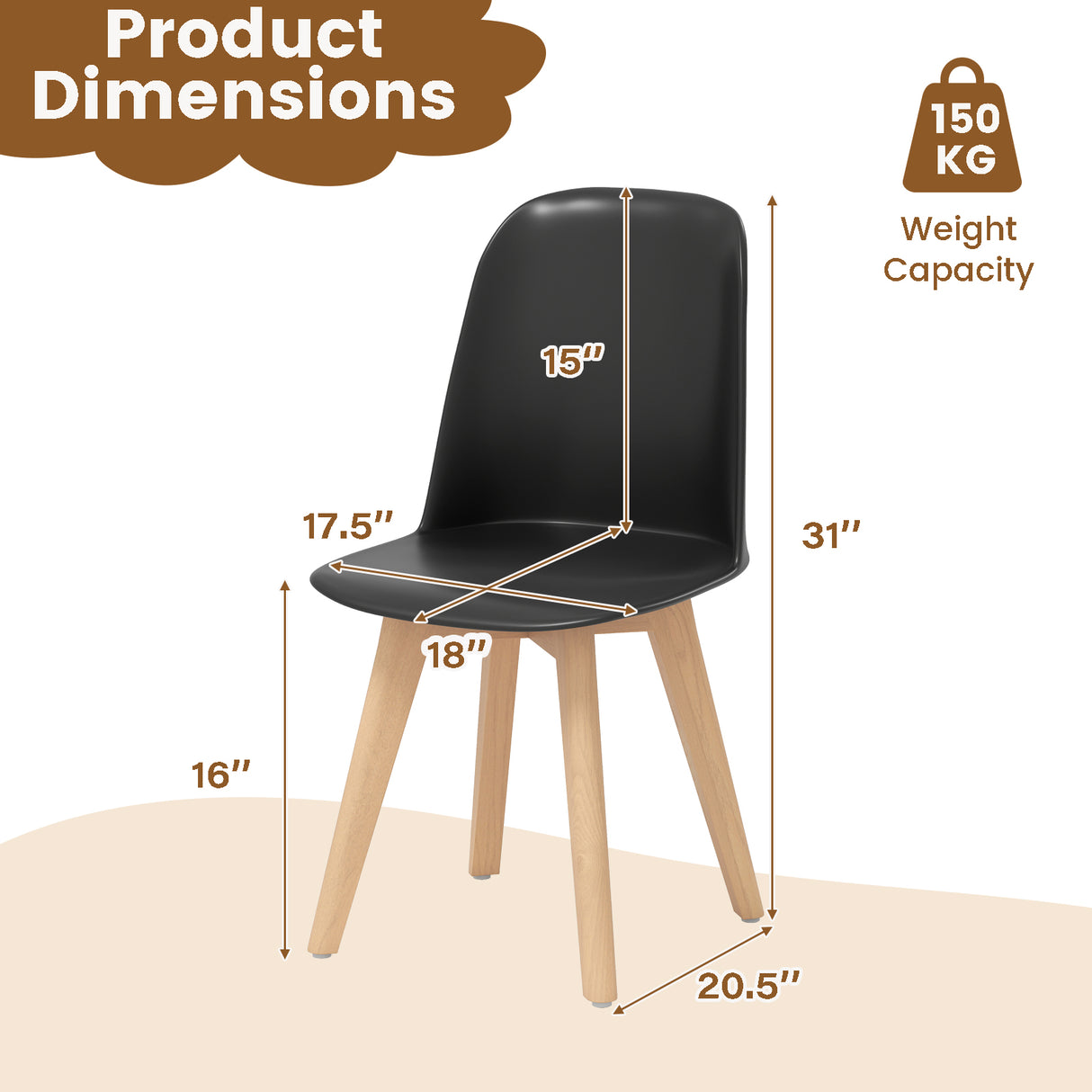 Modern Dining Chair Set of 2 with Solid Beech Wood Legs and Tilt Backrest-Black