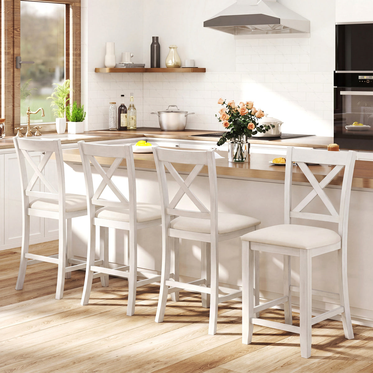 Modern Farmhouse Counter Height Stools with Footrest and Cushion-White