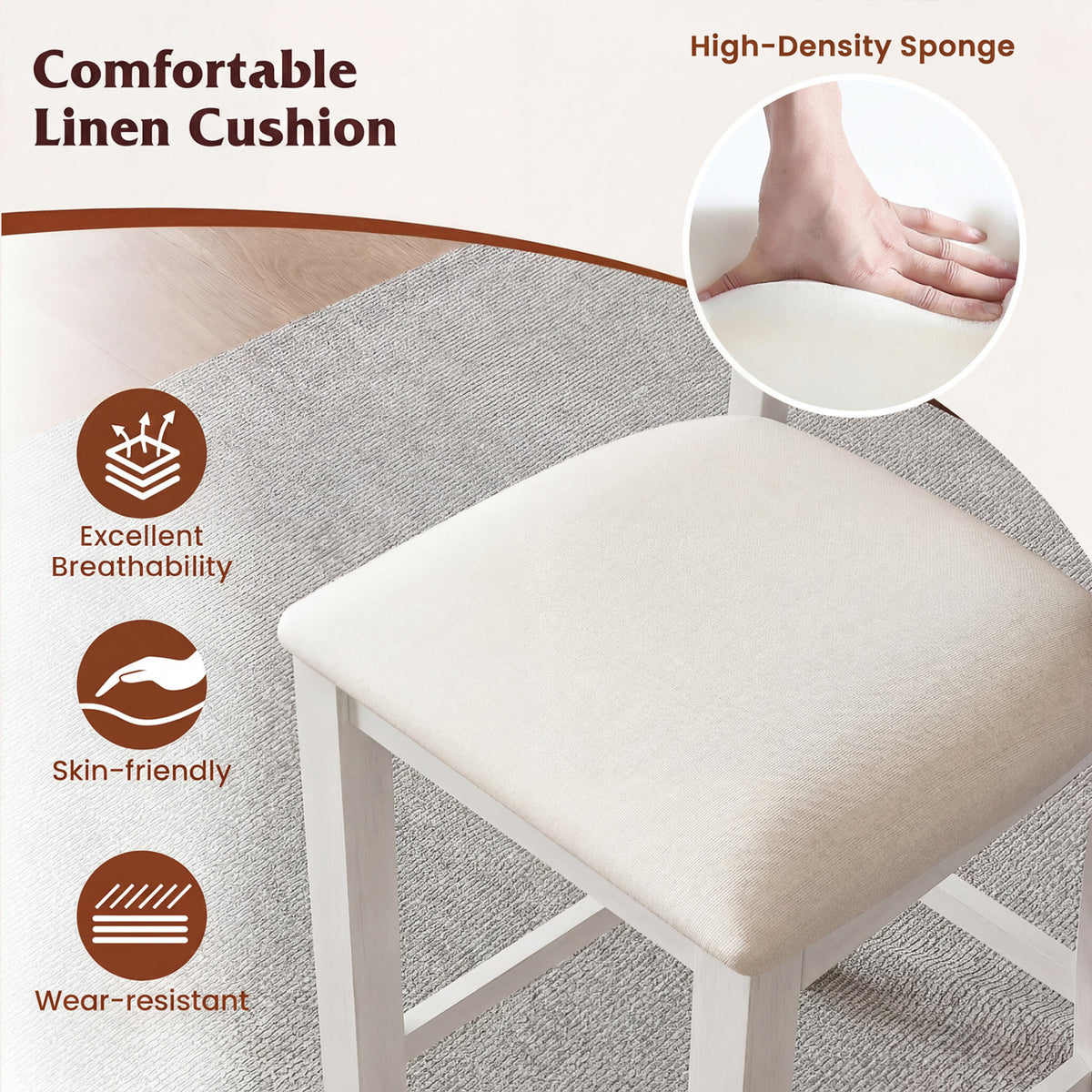 Modern Farmhouse Counter Height Stools with Footrest and Cushion-White