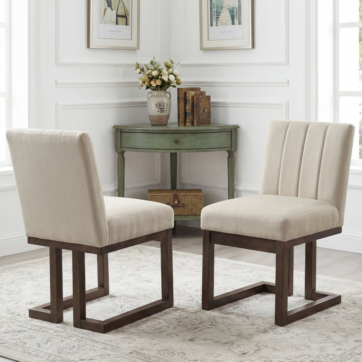 Modern Farmhouse Fabric Dining Chairs Set of 2 with 5.5" Thickened Padded Seat-Walnut