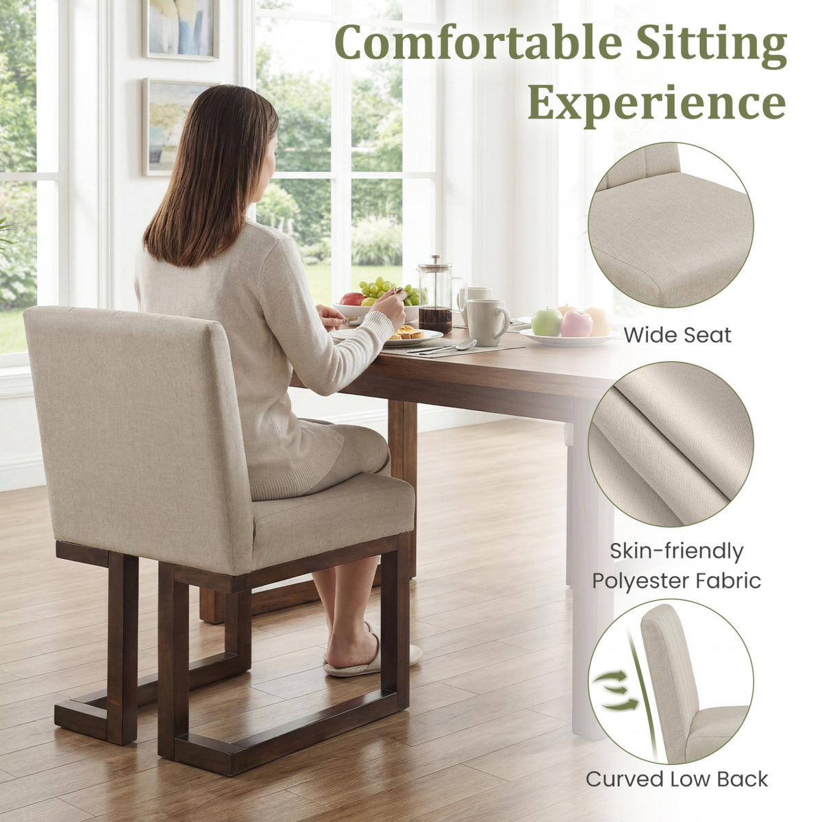 Modern Farmhouse Fabric Dining Chairs Set of 2 with 5.5" Thickened Padded Seat-Walnut