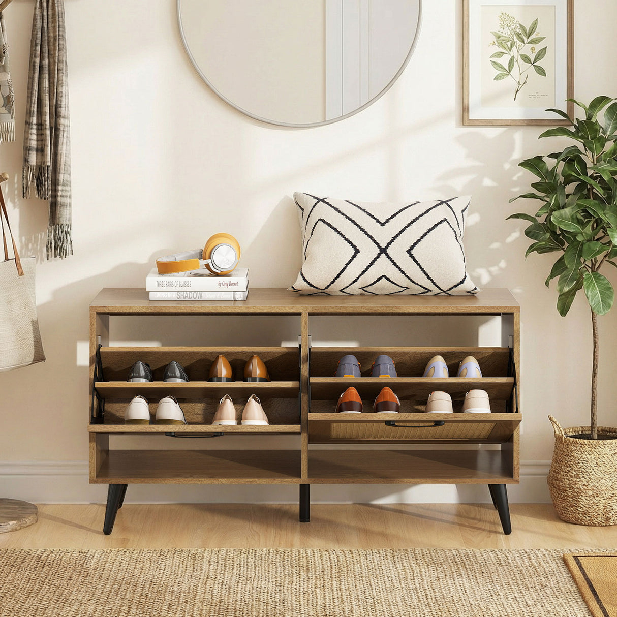 Modern Freestanding Shoe Cabinet with 2 Flip Drawers and Adjustable Shelves for Entryway-Natural