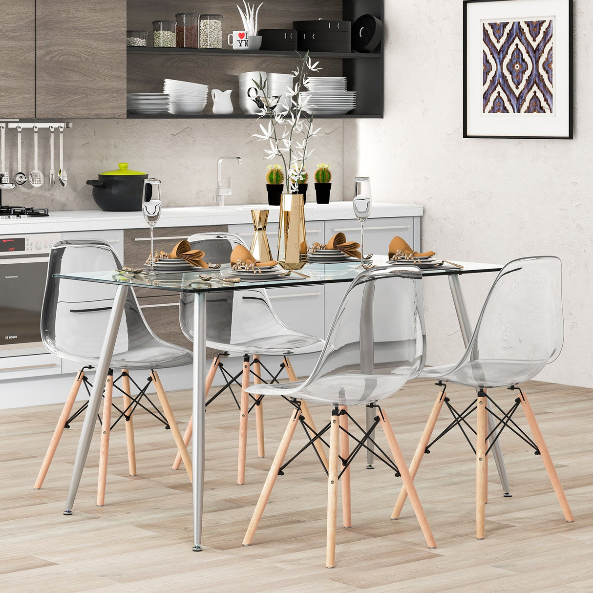 Modern Glass Rectangular Dining Table with Metal Legs-Silver by DirectDeals