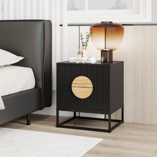 Modern Mid Century Fluted Nightstand with 2 Drawers and Pine Wood Handles for Bedroom-Black