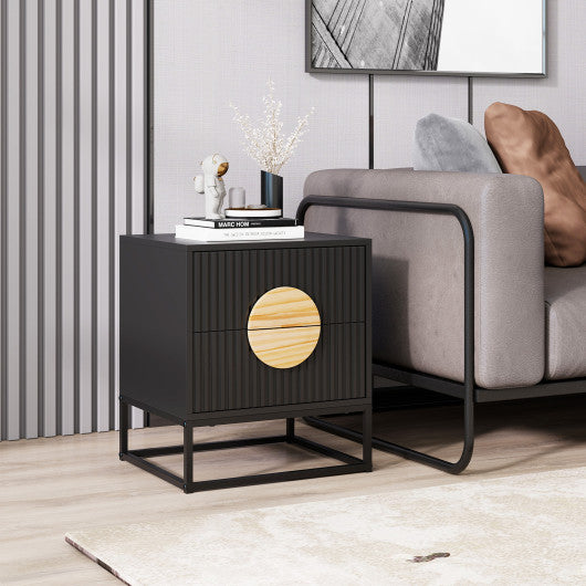 Modern Mid Century Fluted Nightstand with 2 Drawers and Pine Wood Handles for Bedroom-Black