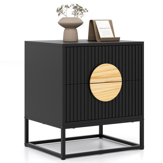 Modern Mid Century Fluted Nightstand with 2 Drawers and Pine Wood Handles for Bedroom-Black