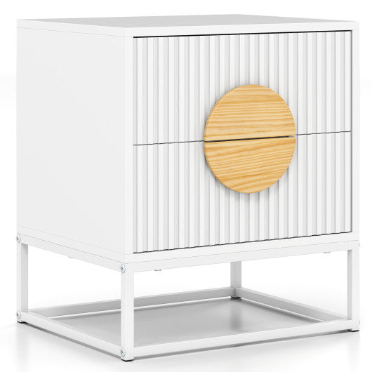 Modern Mid Century Fluted Nightstand with 2 Drawers and Pine Wood Handles for Bedroom-White