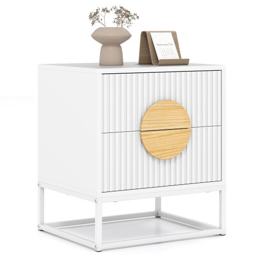 Modern Mid Century Fluted Nightstand with 2 Drawers and Pine Wood Handles for Bedroom-White
