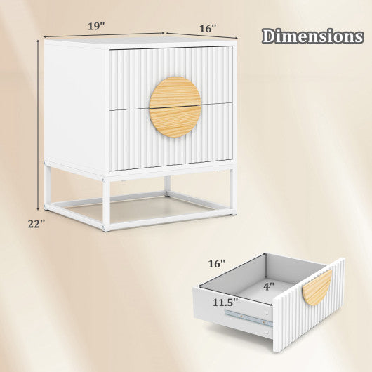 Modern Mid Century Fluted Nightstand with 2 Drawers and Pine Wood Handles for Bedroom-White